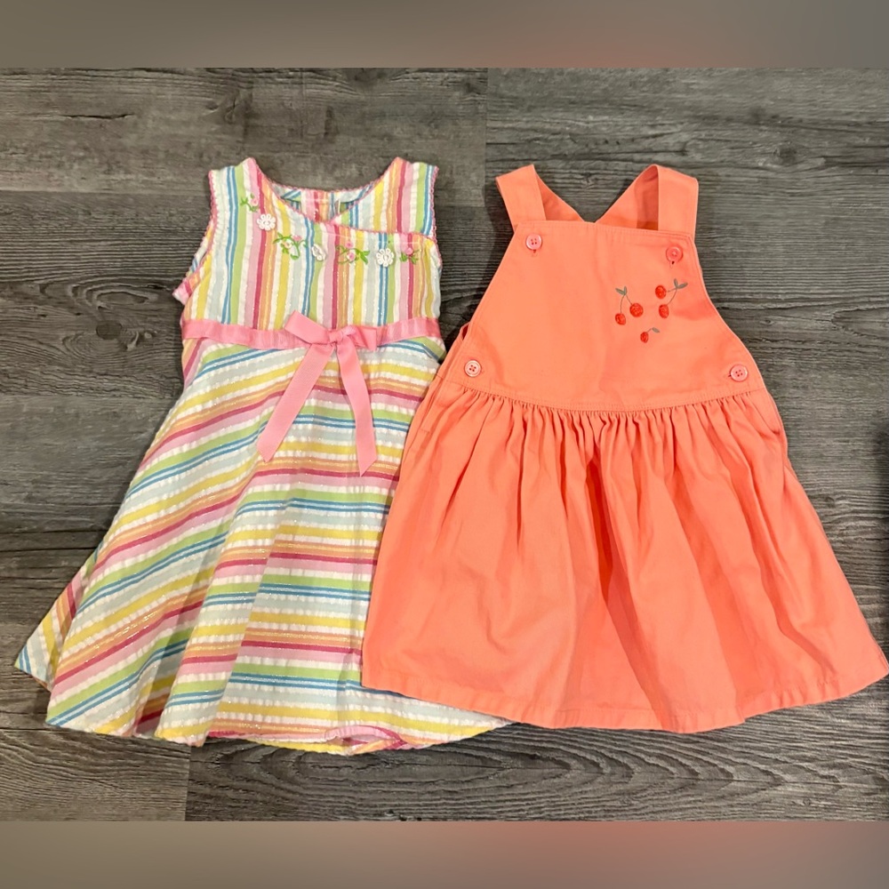 Carter's Coral Pink Overall Dress with Youngland Floral Dress. Toddler 18 months